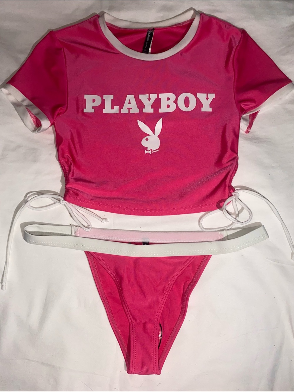 PLAYBOY Pink and White Logo Crop Top & Bikini Set